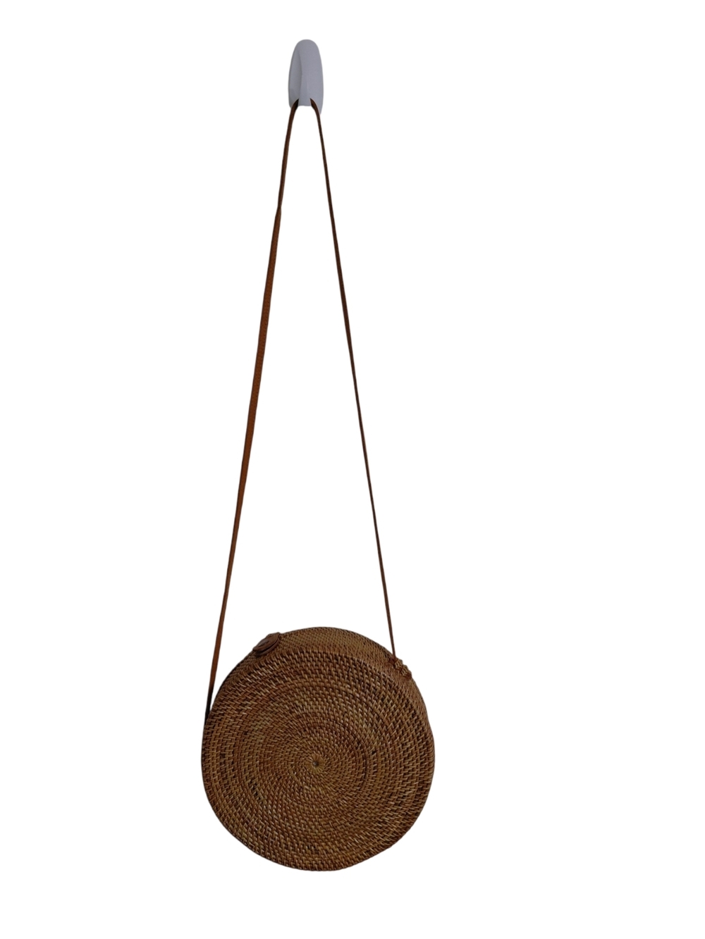 Round Brown Woven Crossbody Bag with Long Strap